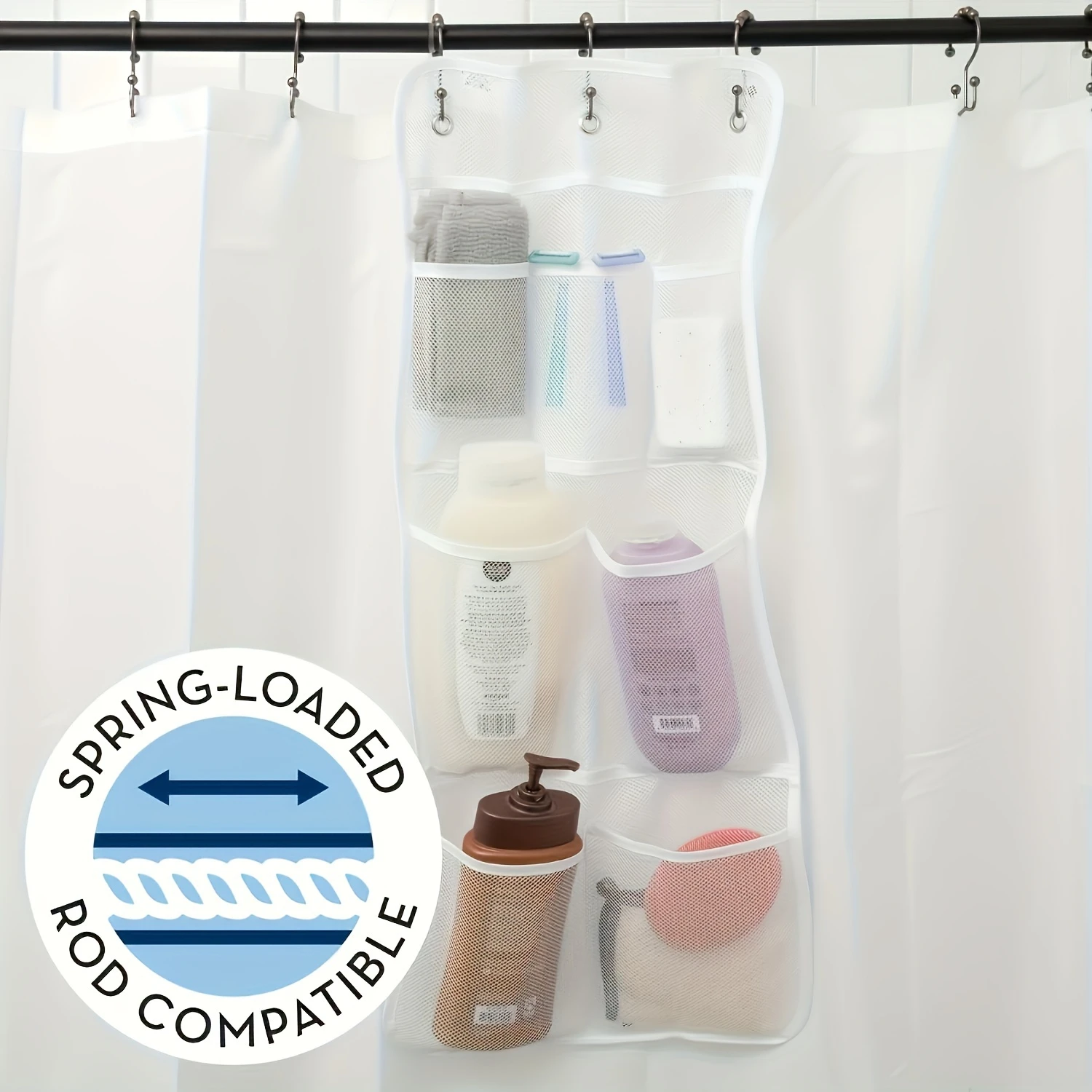 Organizer per doccia sospeso a 7 tasche con tasche in rete, borsa da bagno per shampoo, sapone, luffa - bianco, durevole, senza elettricità R