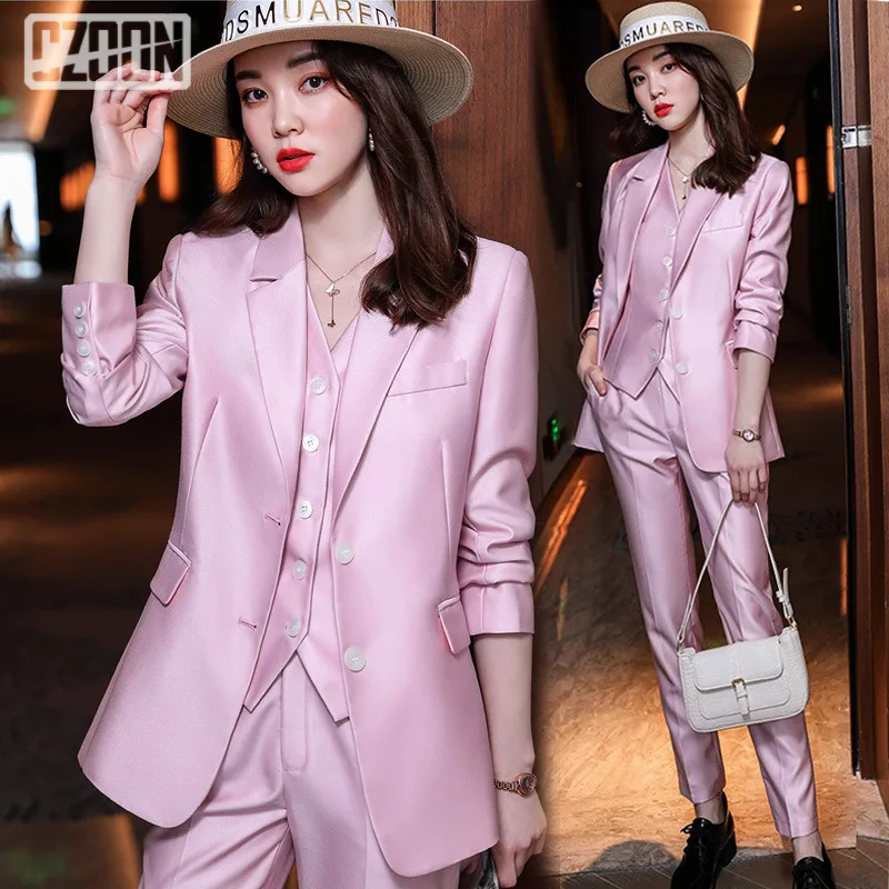 Fashion Elegant Pink High-End Small Business Suit Coat2022Autumn and Winter Elegant Vest Suit Three-Piece Korean Women\'s Clothin