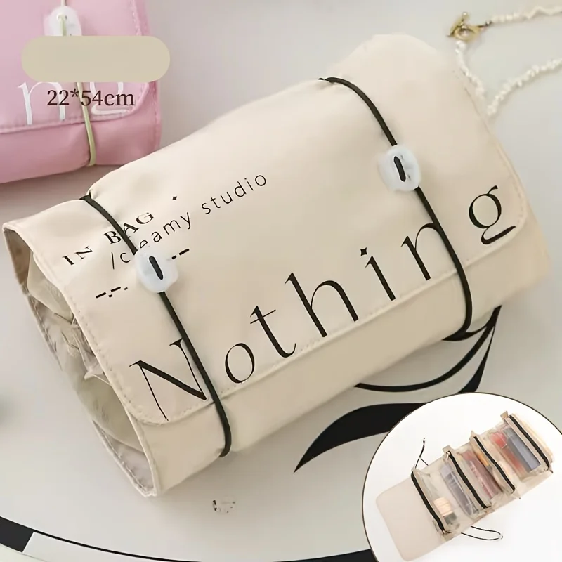 Large Capacity Makeup Roll Up Storage Bag, With Letter Pattern Design, Lightweight Toiletry Wash Bag For Outdoor Trip Use