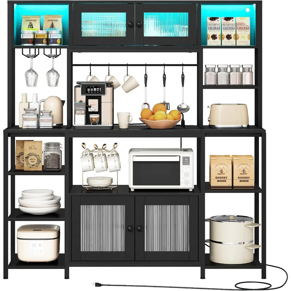 

Bakers Rack with Power Outlet and LED Light, 59.1'' Industrial Microwave Stand, Coffee Bar Cabinet with Storage, Goblet H