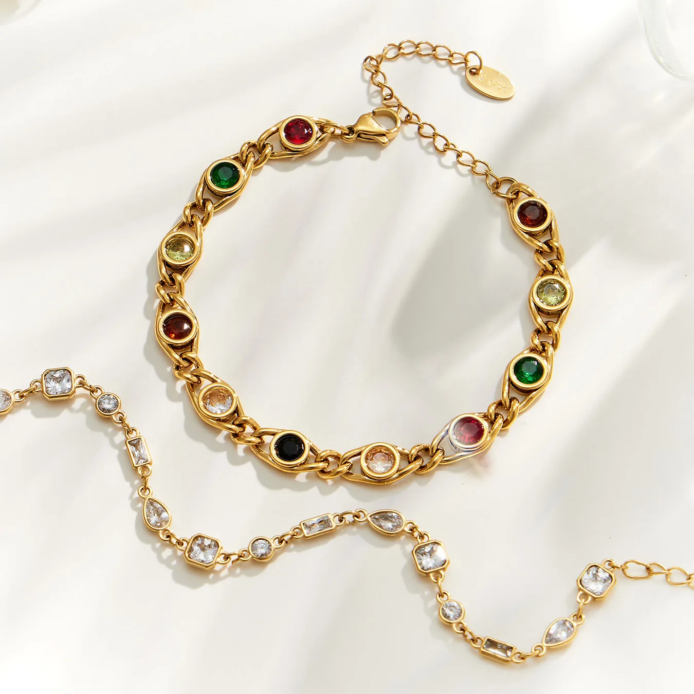 Boho Bunte Zirkon Halskette Armband 18k Vergoldetes Edelstahl Schmuckset für Damen Zierliches Party-Schmuckset – Detail 13