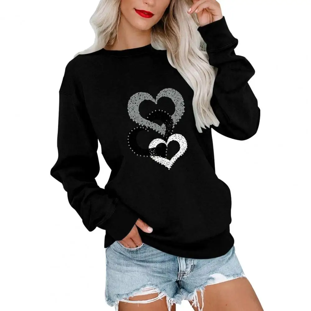 Lightweight Crew Neck Sweatshirt Heart Pattern Long Sleeve Women's T-shirt Loose Fit Mid Length Round Neck Pullover for Spring