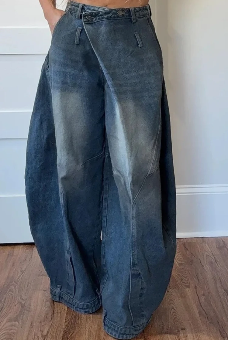 

Джинсы в стиле панк, широкие брюки, женские эластичные брюки со средней талией, потертые, длиной до пола, 2021, уличная одежда, винтажные джинсовые свободные брюки