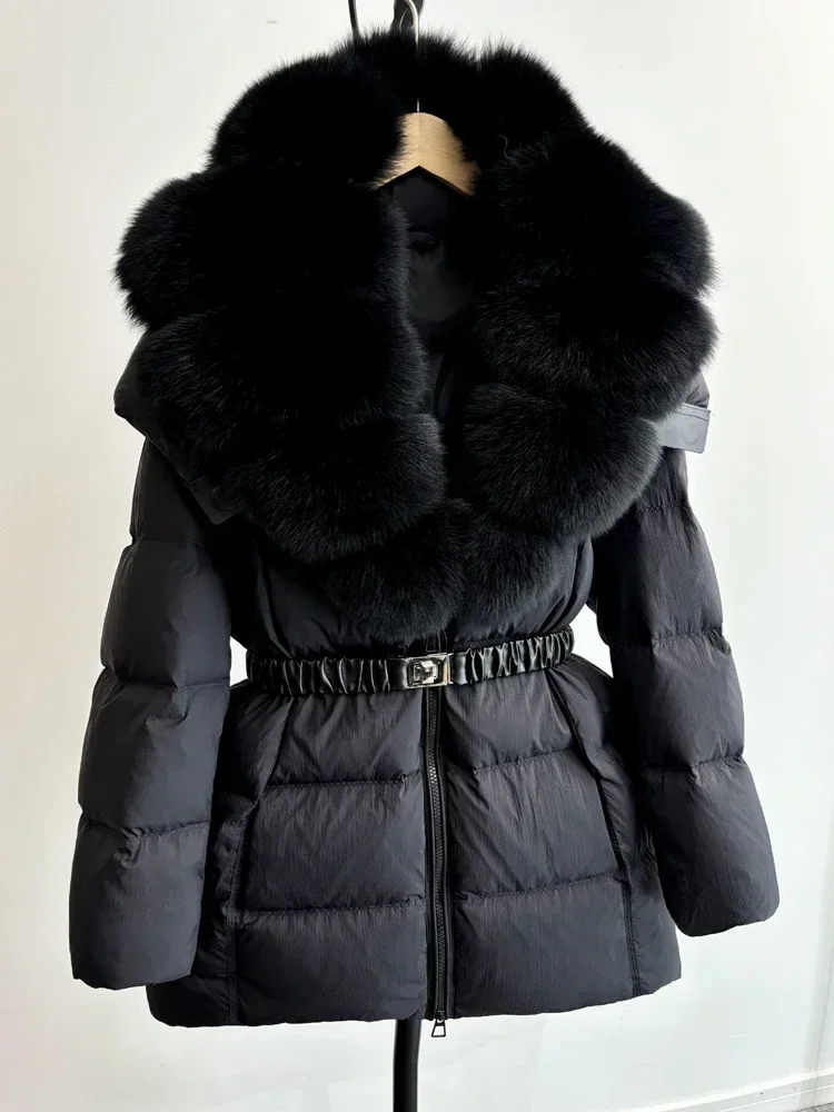 Janveny grande pelliccia di volpe naturale 90% piumino d'anatra donna 2024 inverno nuovo parka di piume femminili spesse piumino sottile con cintura