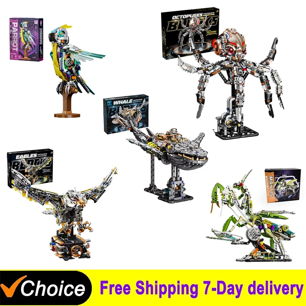 Tiere Bausteine Papagei Adler Wal Käfer Modell Mechanische Octopus Ziegel Mit Licht Desktop Sammlung Spielzeug Kinder Geschenke