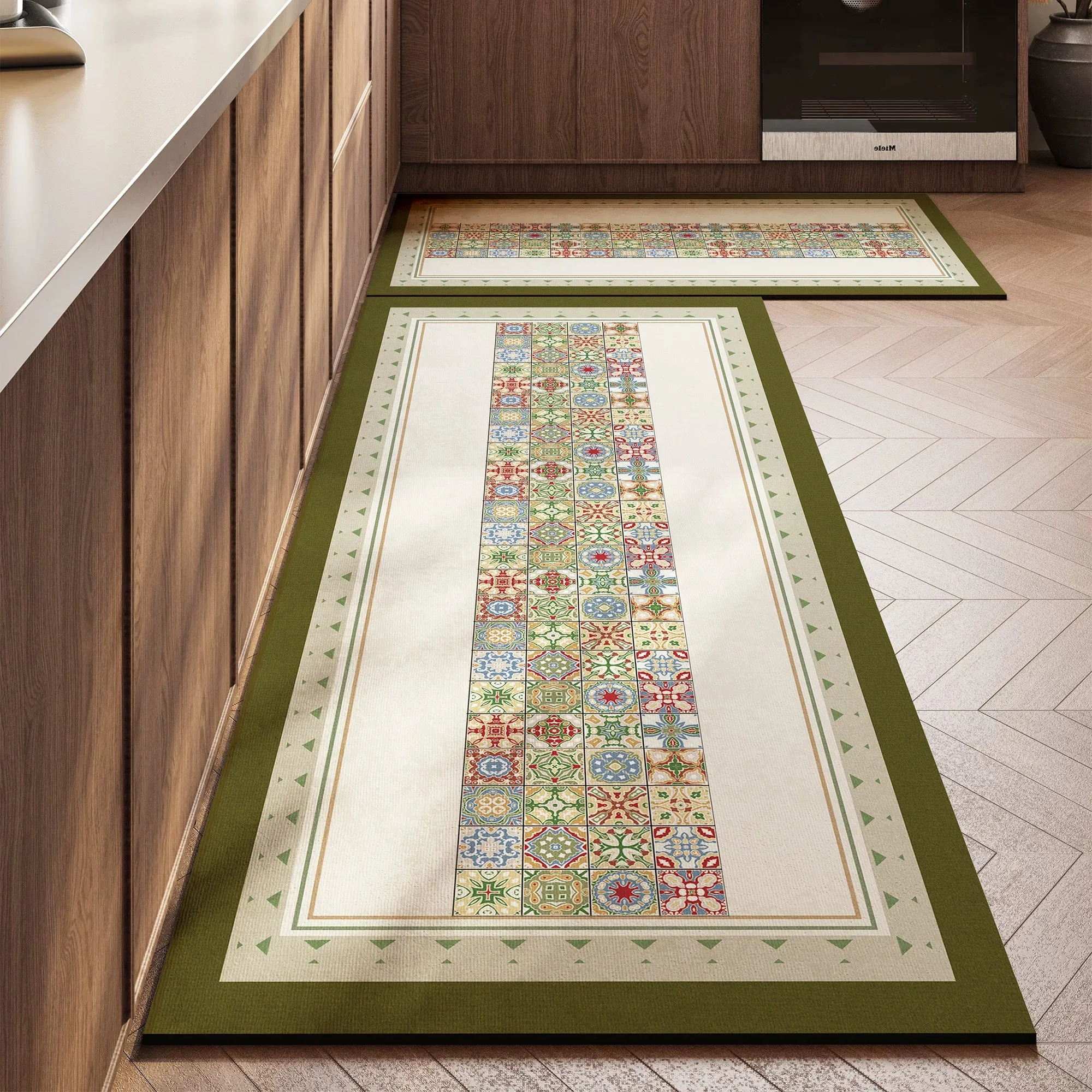 Vintage Bohemian Kitchen Rug PVC Leather Non-slip Floor Mat Dirty Resistant Washable Carpet Long Rugs Home Decoration שטיח למטבח