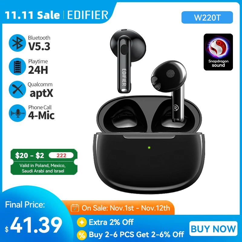 Edifier W220T TWS Wireless Bluetooth Earphones Snapdragon Sound, Bluetooth V5.3, aptX adaptive, 4-mic Noise Cancellation