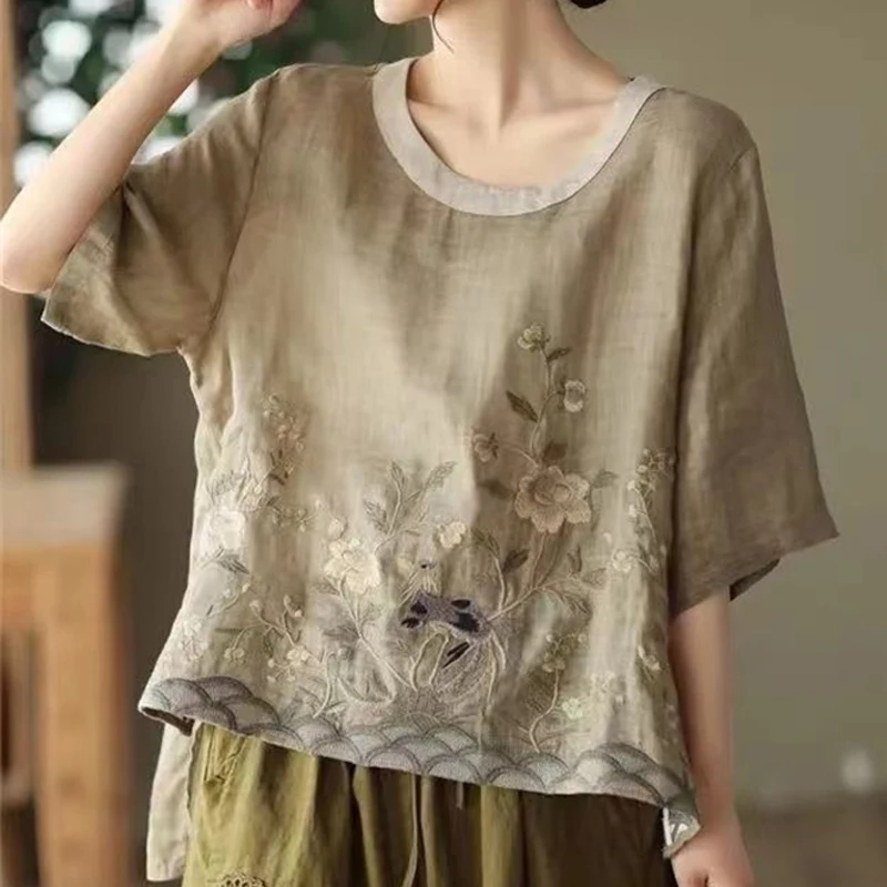 Women Vintage Clothes Flower Embroidery Cotton Linen Blouses Summer Simple Casual Round Neck Short Sleeve Shirts Chic Loose Tops