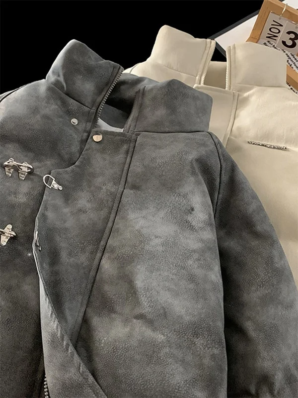 

American Retro Wa-Free PU Leather Waterproof down Jaet Men's Winter Stand Collar Bread Sle Loose Fit Cotton Coat