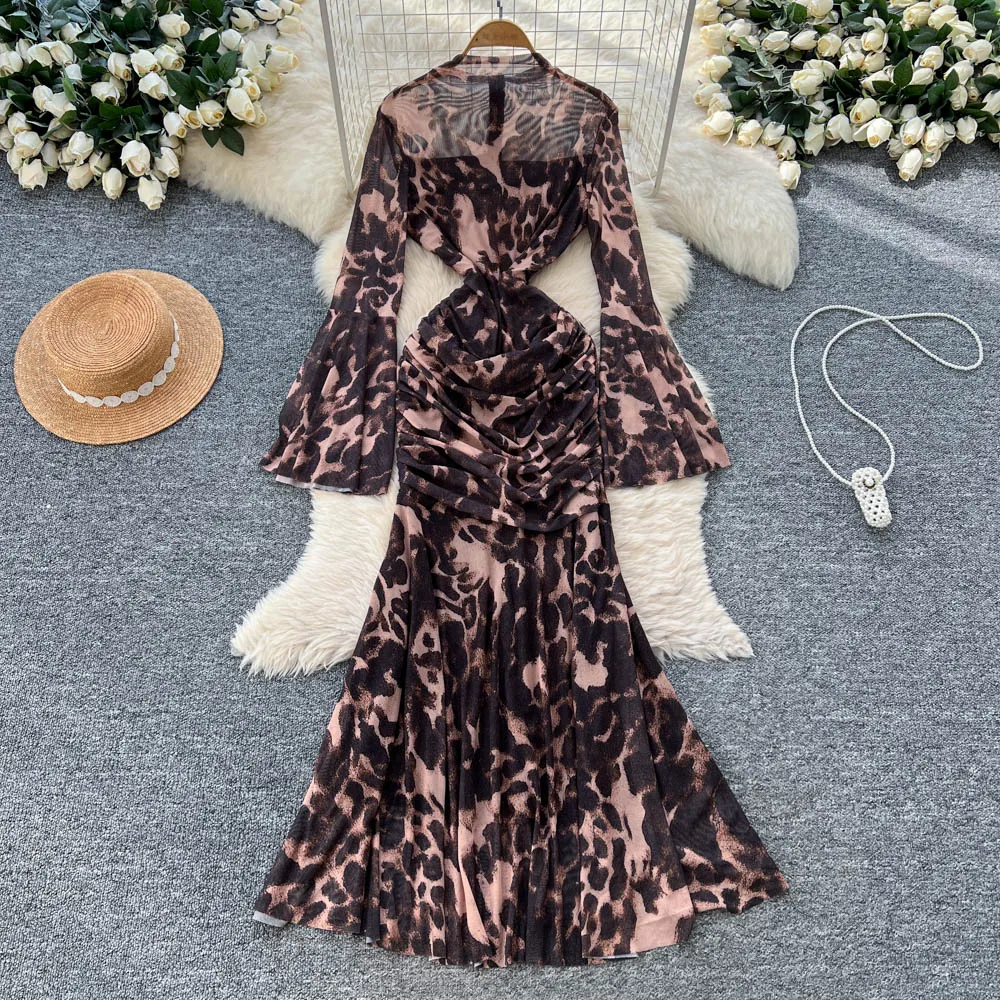 

Chic vintage bodycon print mesh Ruched dress Elegant Fairy korean fashion Sundress women clothing Long dress