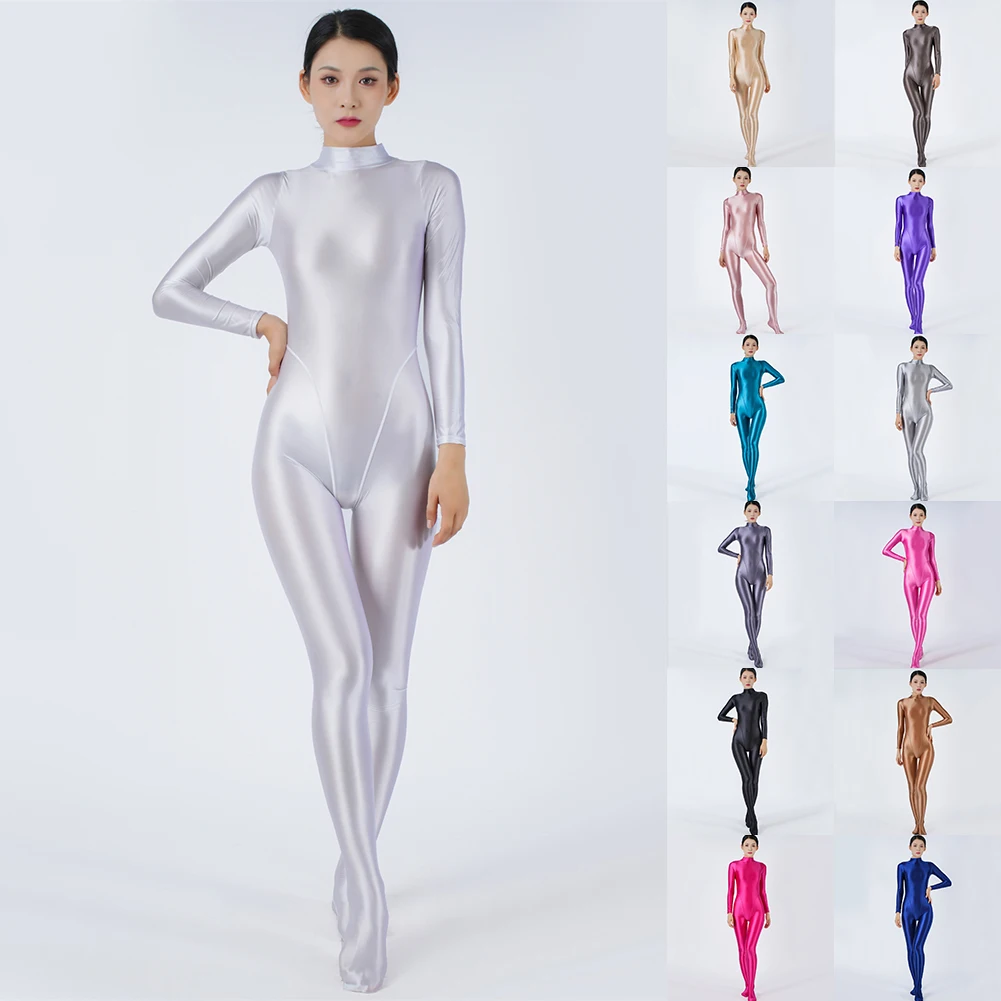 Oily Shiny Bodysuit Glossy Bodysuit For Club For Daily Brand New High Stretch Regular Length Silky Solid Color