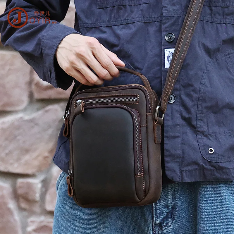 Retro large-capacity square crossbody bag, large-opening men's hand-held shoulder bag, genuine leather travel bag