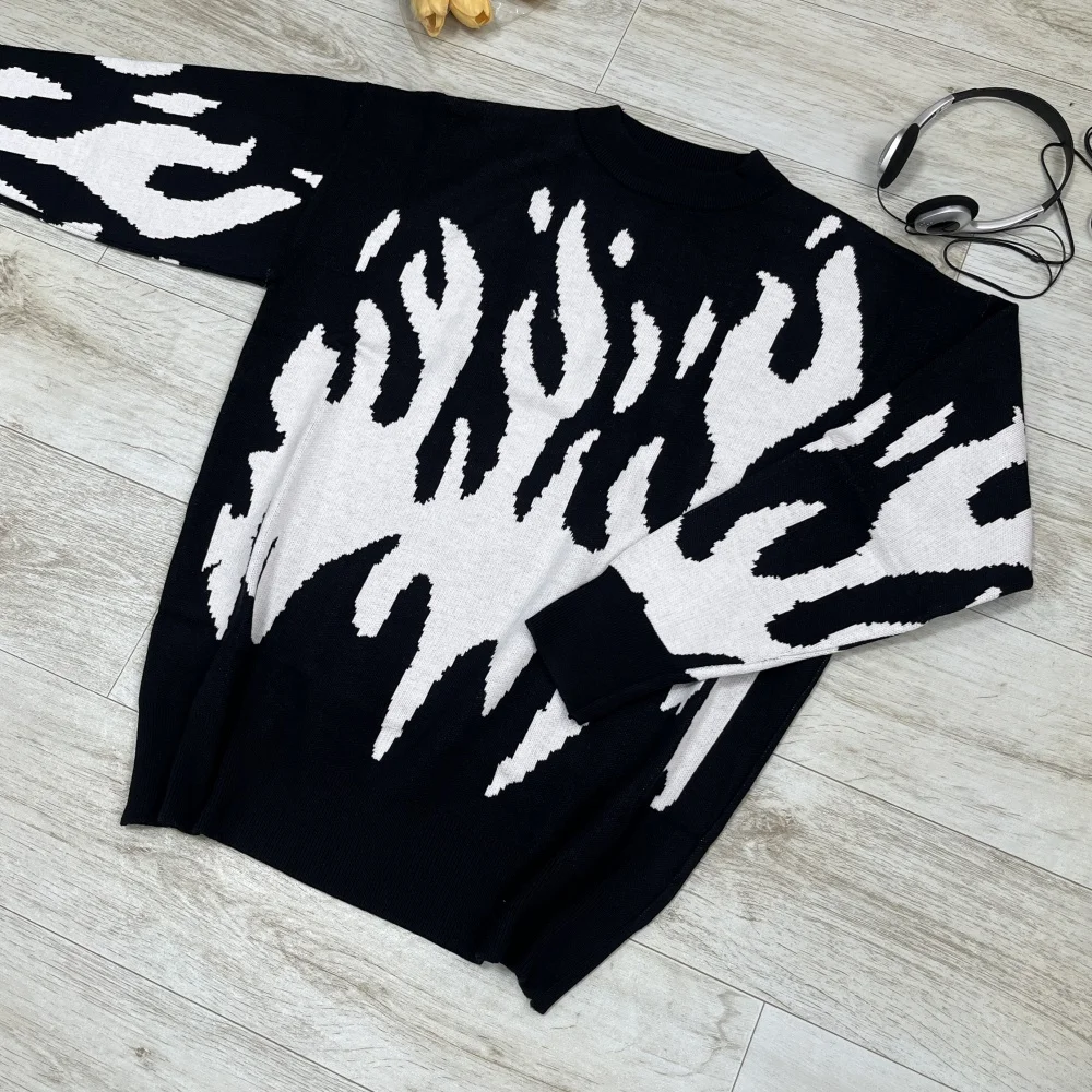 2025 Nieuwe Winter Gewatteerde Trui Heren O-hals Zwart-wit Afdrukken Lange Mouw Warme Slanke Trui Heren Trui Herenkleding