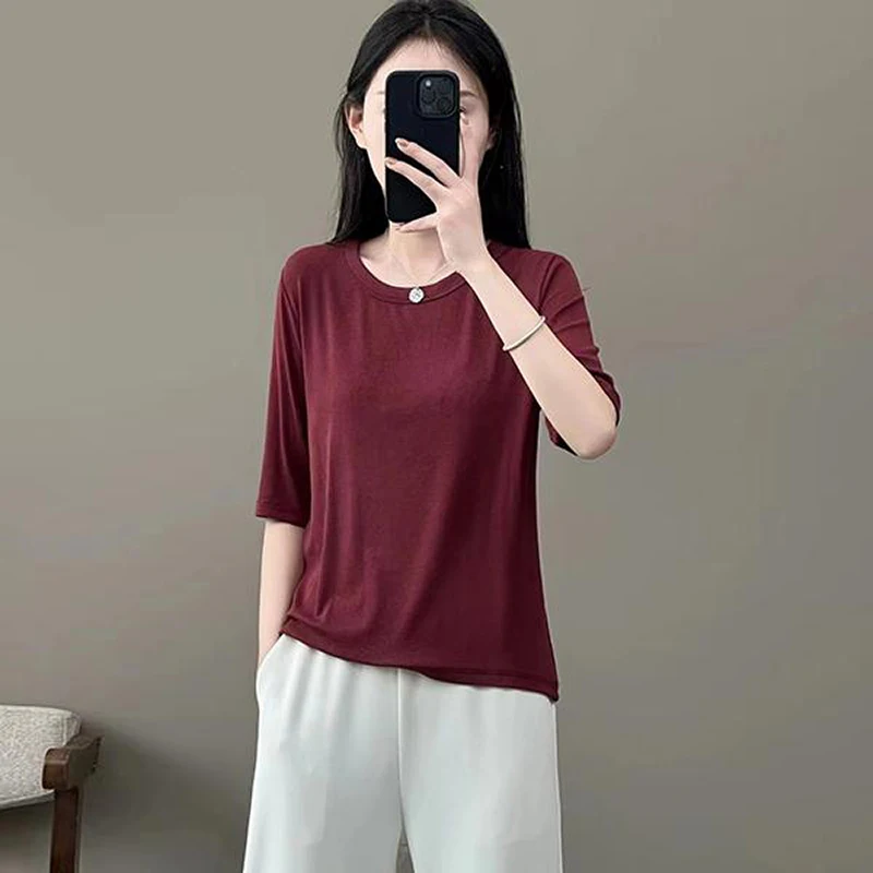 2024 Spring/Summer New Round Neck High Elasticity Shirt Girl's Fashionable Temperament Leisure Time