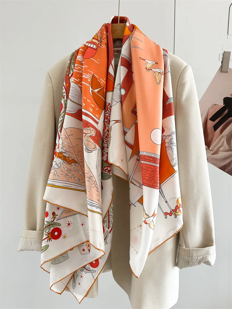 14MM Silk Scarf 135CM Hand-Rolled Shawl Head Hair Bag Bandanas Large Shawls Summer Spring Accessories Gift view 3