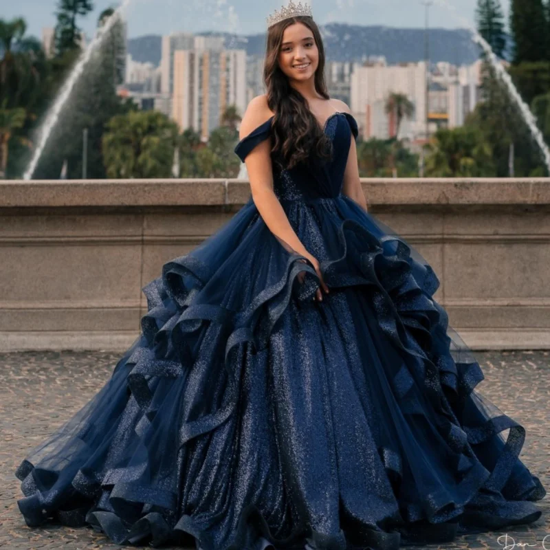

Dark Blue Quinceanera Dresses Off the Shoulder Glitter Decal Lace Layering Long tail Vestido De 15 Quinceanera Customize