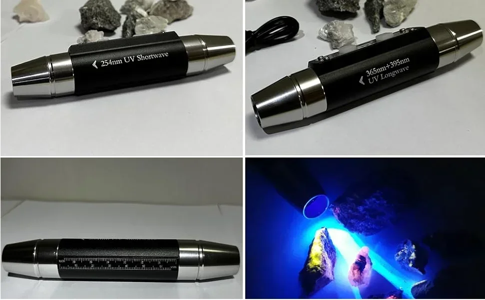 Shortwave UVC 254nm & Longwave  365nm 395nm UV Lamps USB Rechargeable Tagged Stamps Detector LED Flashlight With Black Filter