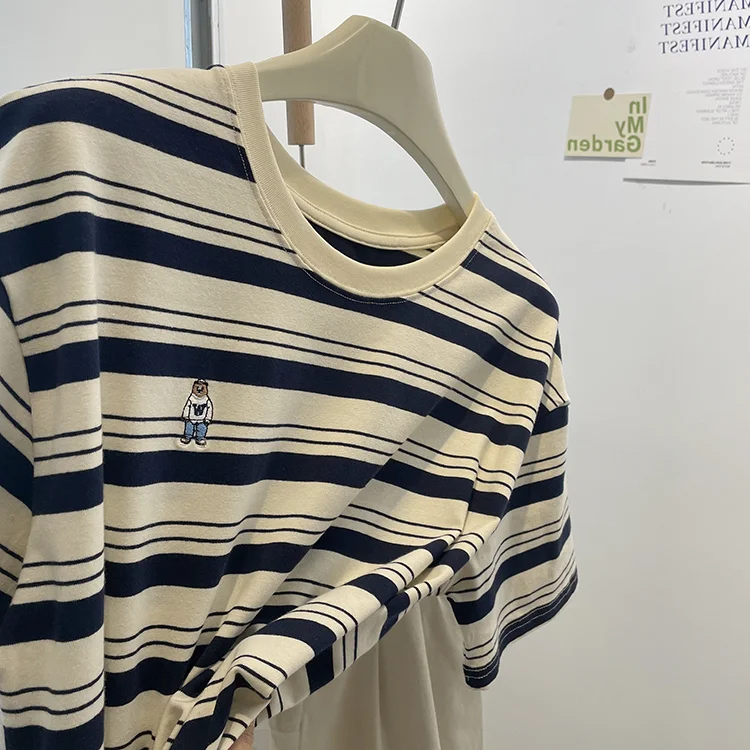 

Summer Large Size Striped T-irt Women's Loose ort Sve Casual Retro Top Korean Sle round Ne Cotton 00%