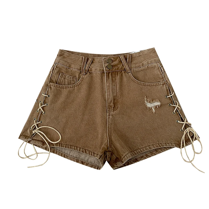 ハイウエストレースアップデニムショートパンツ レディース 韓国風 シック ダメージ加工 カジュアル ショートパンツ 夏 ヴィンテージ スパイシーガール ホットパンツ