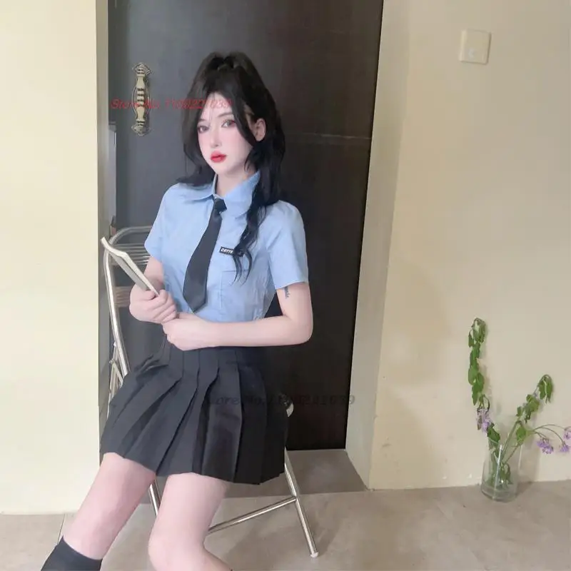 2024 girl school uniform set daily jk uniform blouse+ bow+high waist pleated skirt set korean sweet and spicy girl streetwear