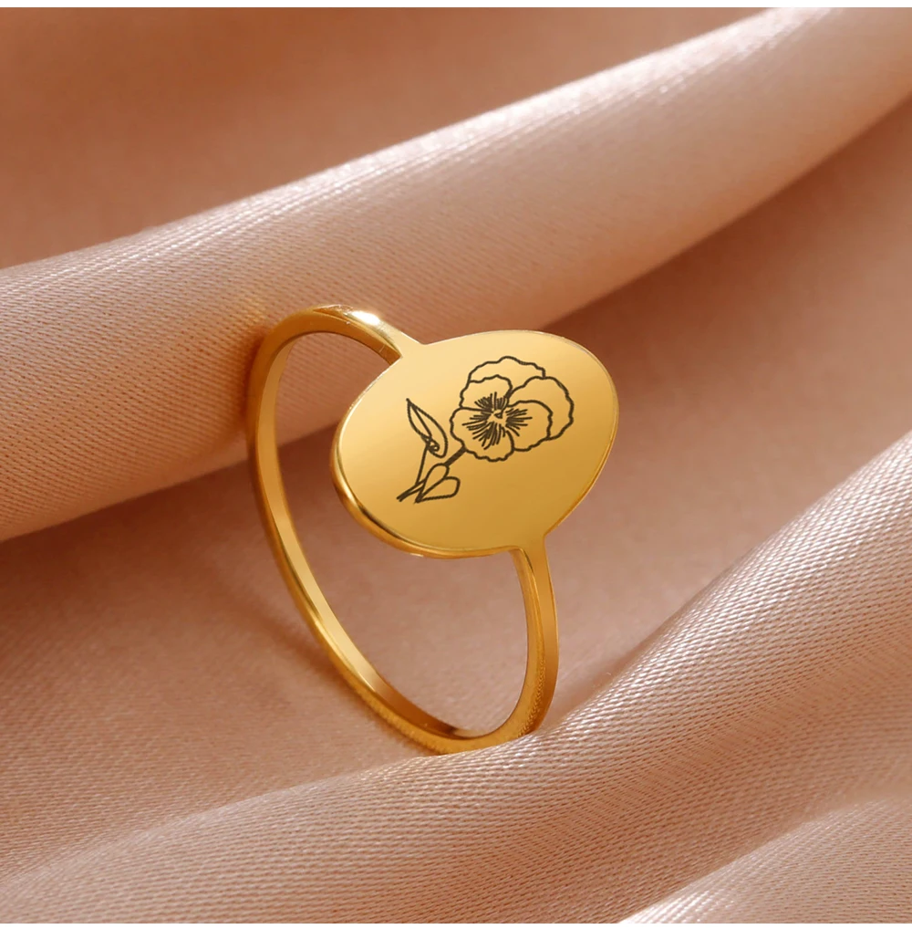 COOLTIME Blumenringe zum 12. Geburtsmonat für Frauen, Edelstahl, oval, Siegel, ästhetische Ringe, Schmuck, Freund, Liebhaber, Geburtstagsgeschenk – Detail 8