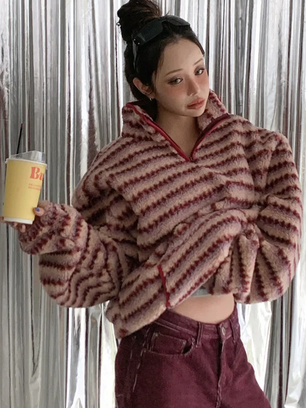 Inverno Nuovo Allentato Pigro Sle delle Donne Retro Strisce Rosse Del Collare Del Basamento di Pelliccia di Agnello Felpa Jaet Thiened Fibra di Poliestere