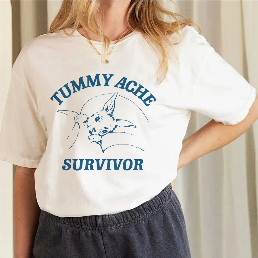 Tummy Ache Survivor T Shirt Women Funny Mental Health Graphic T-Shirts Unisex Vintage Fashion Tops Short Sleeve Tees for Women