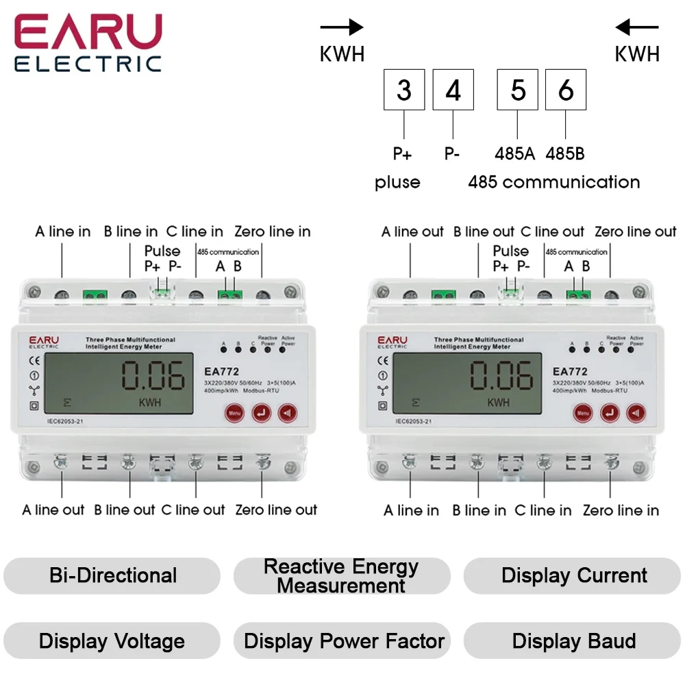 Three Phase Four Wires Eelectronic Active Energy Meter kWh Power Consumption Monitor DIN Rail 50/60Hz 3*5(100)A 50/60Hz  LCD LED