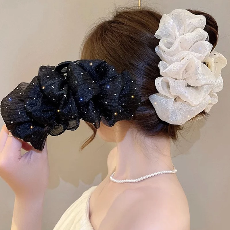 New Summer Sweet Mesh Tulle Star Bubble Hair Claw Clips For Women Solid Ponytail Clip Headdress Accessories