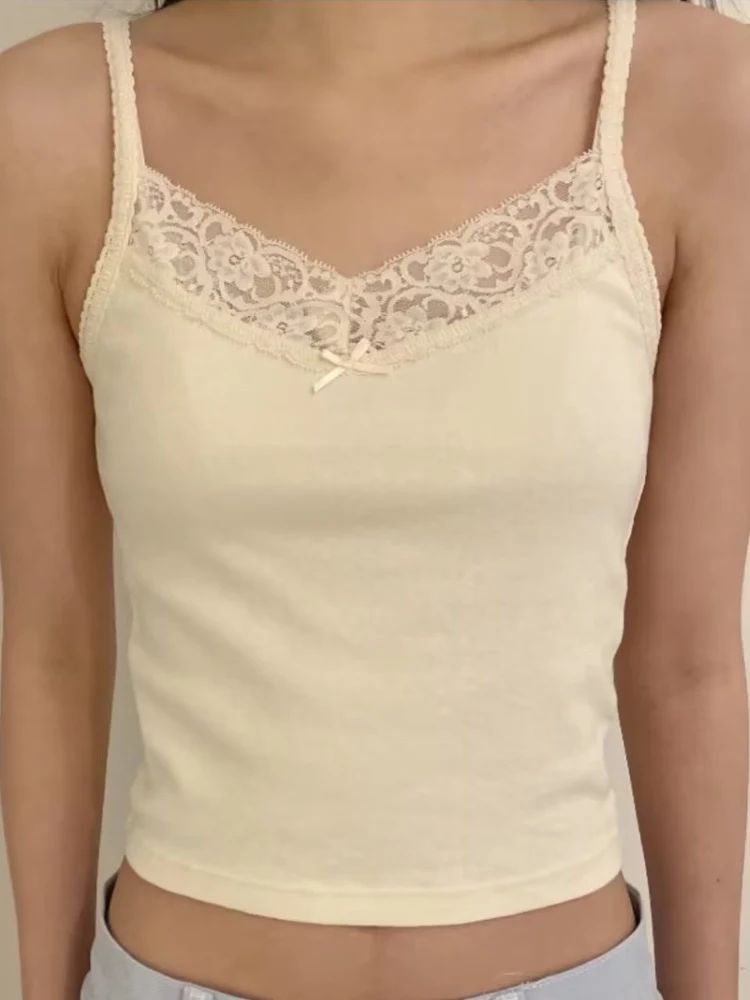 Casual Women Soft Cotton Beige Lace Rib Knit Camis 2023 Summer Fashion Ladies Casual  Female Sleeveless Slim Tops