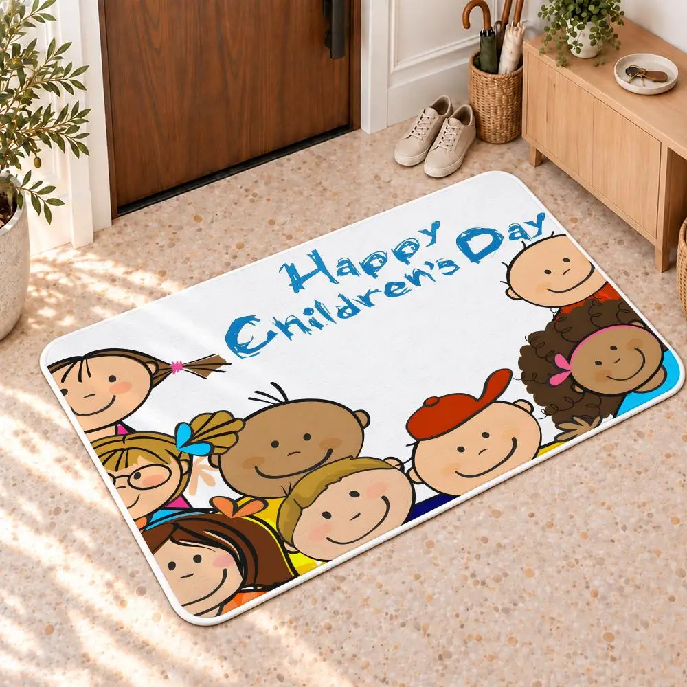 Happy Childrens Day Logo Floor Mat Flannel Rug Soft Non Slip Door Mat For Bathroom Bedroom Kitchen Living Room Home Decor