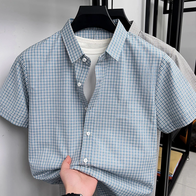 

2026 New Pure Cotton Checkered Short Sleeved Shirt for Men, Casual, Breathable, Versatile, High-end Shirt
