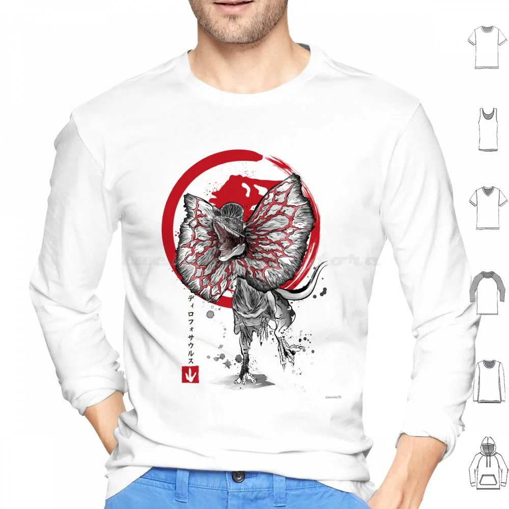 Sudadera con capucha Dilophosaurus Sumi E de algodón de manga larga, dinosaurios Dilophosaurus, T Rex, Japón, Sumi y Velociraptor, Tyrannosaurus Rex