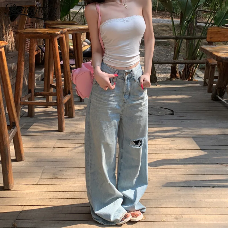 

Benuynffy American Vintage 2000s Ripped Jeans For Women Y2k High Waisted Korean Loose Straight Wide Leg Pants Streetwear Bottoms