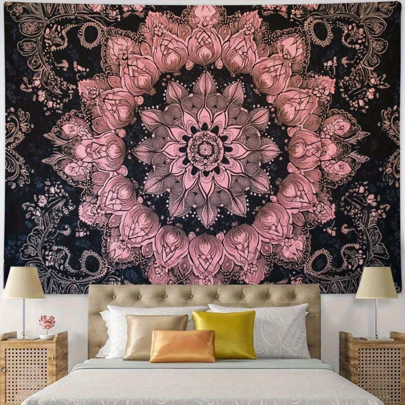 VIKAMA Ins Black And Pink Mandala Wandteppich, ein dekorativer Wandteppich mit einem sanften, künstlerischen Flair, perfekt für Wohn- und Schlafzimmer