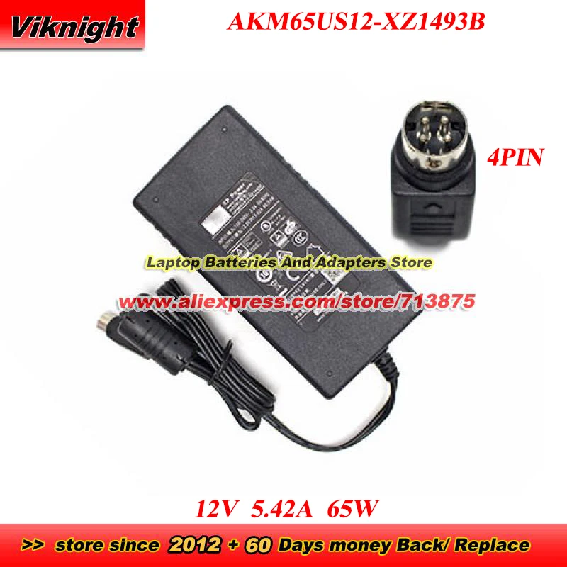 

12V 5.42A AC Adapter 65W Charger AKM65US12-XZ1493B Round with 4 Pin Tip Power Supply