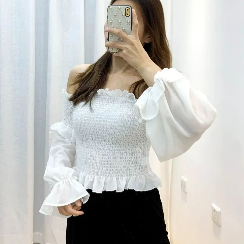 Summer Sexy Off Shoulder Blouse Women Spring Puff Sleeve Pleated Lace Up Casual Shirt Woman Slim Solid Corset Tops Ladies Blouse