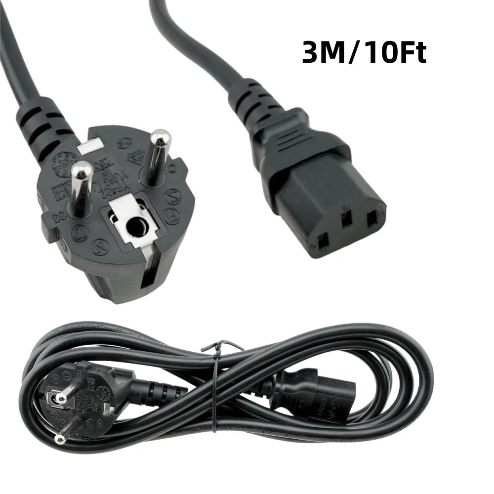 IEC C13 EU Power Cord Cable 10A Extension Cord 3m/10Ft  EU Plug Power Supply Cable For TV HP Dell PC Computer Monitor Printer