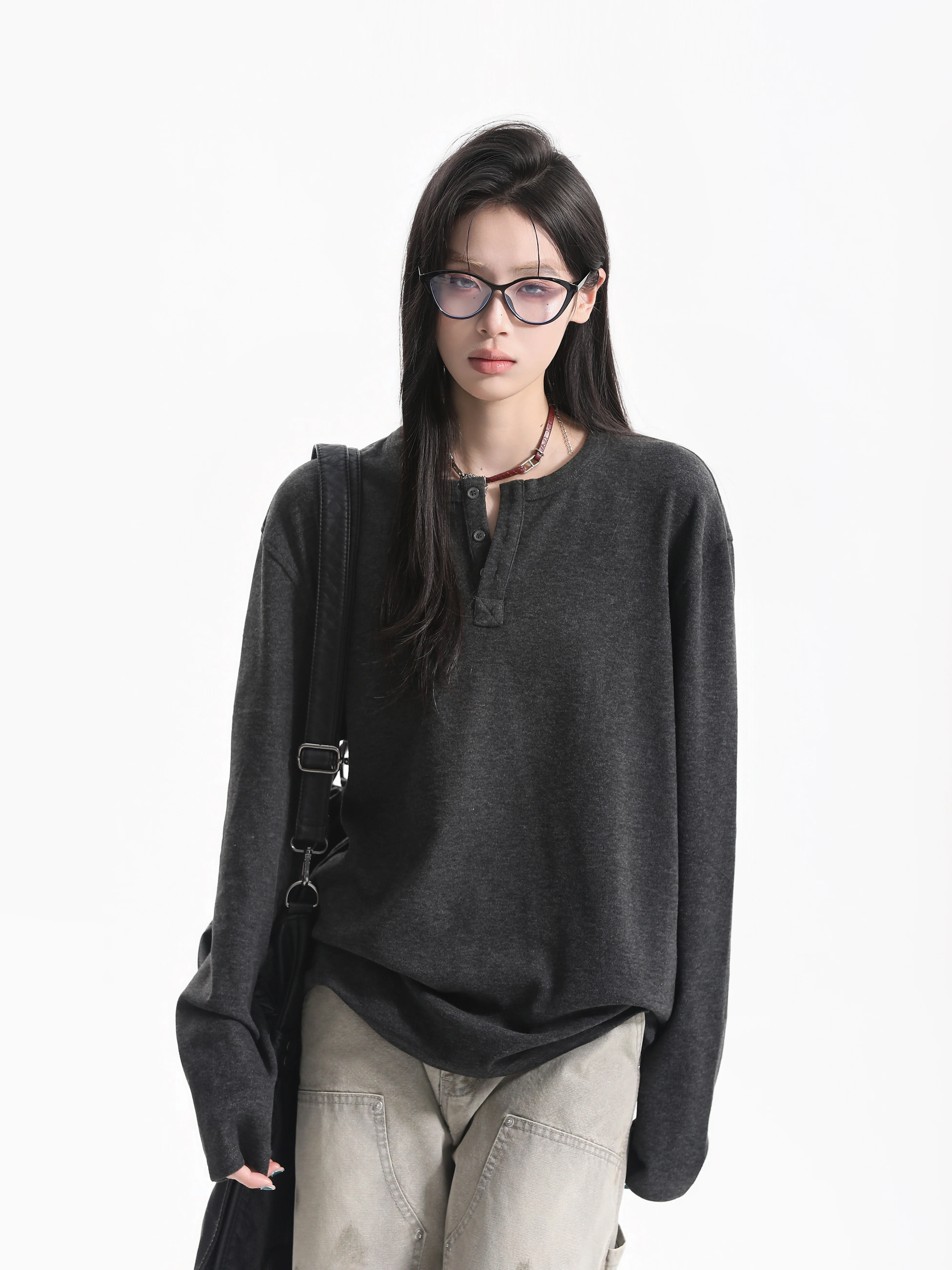 Vintage Knitted Long Sleeve Henry Collar T-Shirt Couple Base Layer Casual Loose Fit Polyester Blend Autumn Wear for Youth