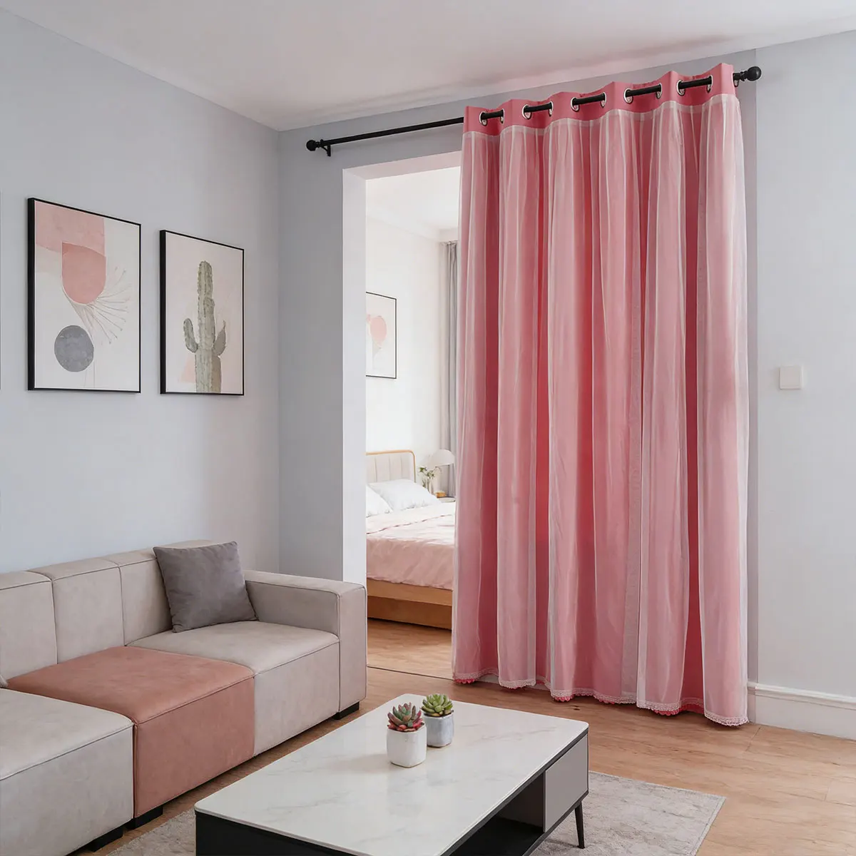 1 Panel Cherry Pink Double Layer Eyelet Room Divider Curtain, Korean Cream Girl Gentle Ins Style, Privacy Light Filter Drape for