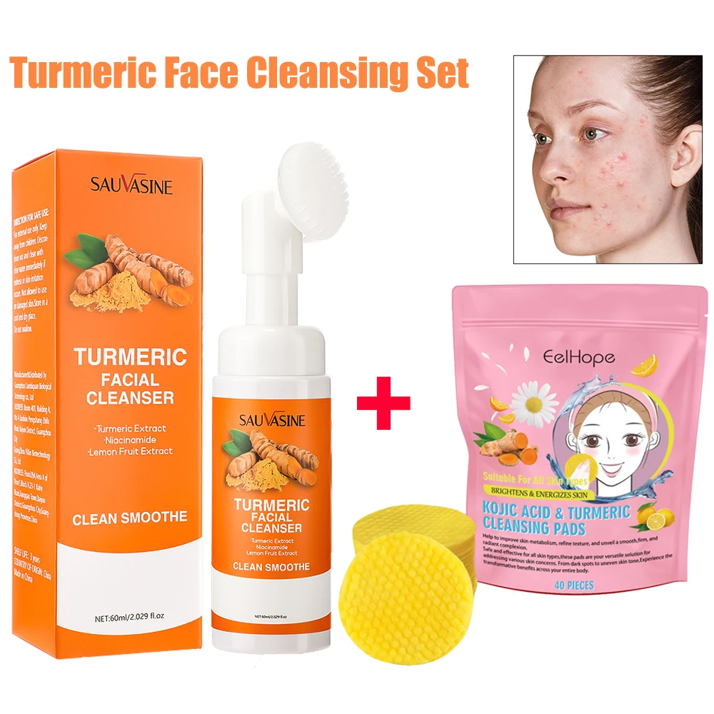 Turmeric Face Cleanser 40pcs Turmeric Kojic Acid Facial Exfoliating Cleansing Pads Blackhead Remover Skin Brightening Face Wash