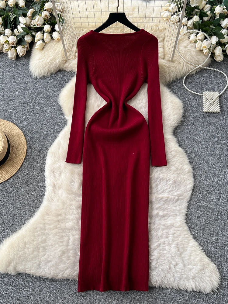 Slim Fit Long Sve Knitted Wrap Dr High Waist round Ne Single Button French Sle Ci Commute Dr Women's Faion