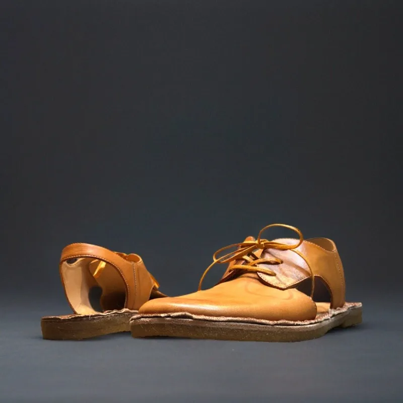 Sandalias artesanales de piel de vaca curtida vegetalmente de primera calidad para hombre y mujer, zapatos informales con puntera y suela suave, sandalias retro de gladiador para verano