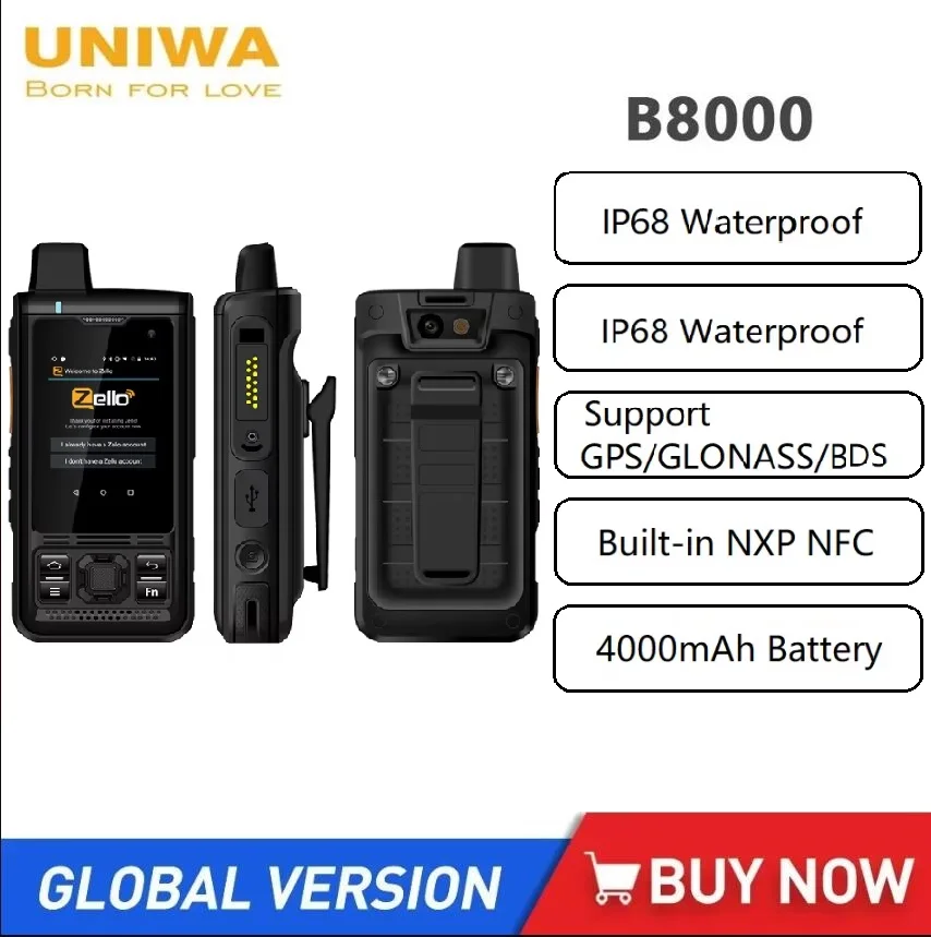 UNIWA B8000 Walkie Talkie POC resistente al agua pantalla táctil de 2,4 pulgadas Quad Core 1GB + 8GM Android 8 NFC altavoz teléfono móvil 4000mAh