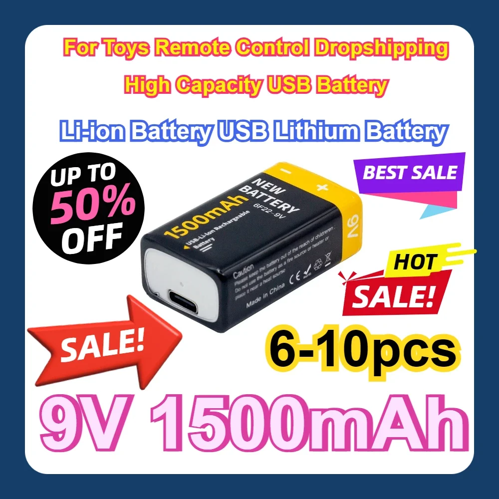 

6-10pcs For Toys Remote Control Dropshipping High Capacity USB Battery 9V 1500mAh Li-ion Battery USB Lithium Battery