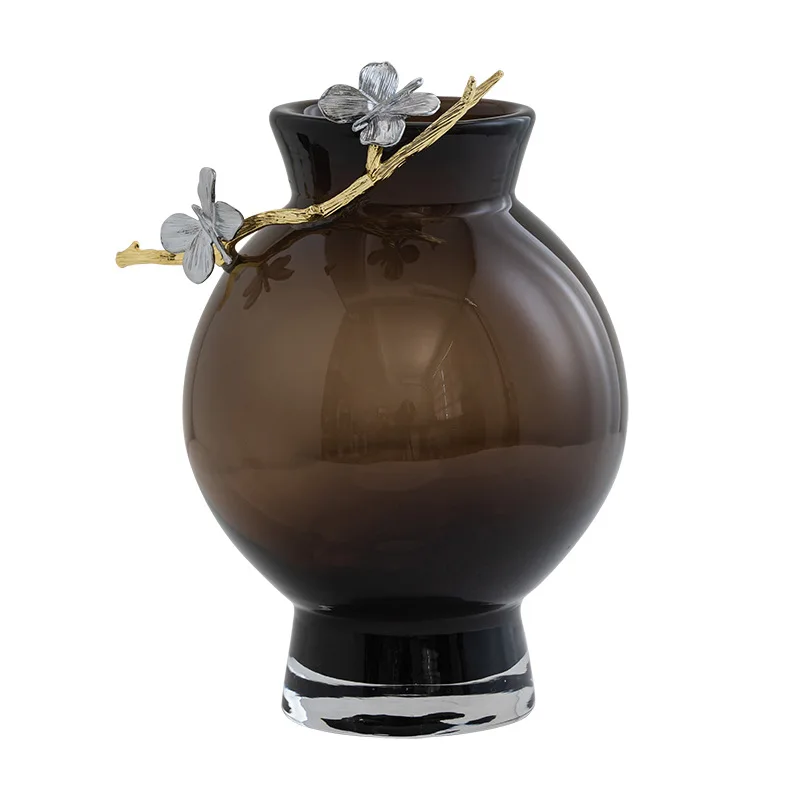 

New Chinese light luxury metal glass flower ornament, living room entrance TV cabinet creative flower dryer