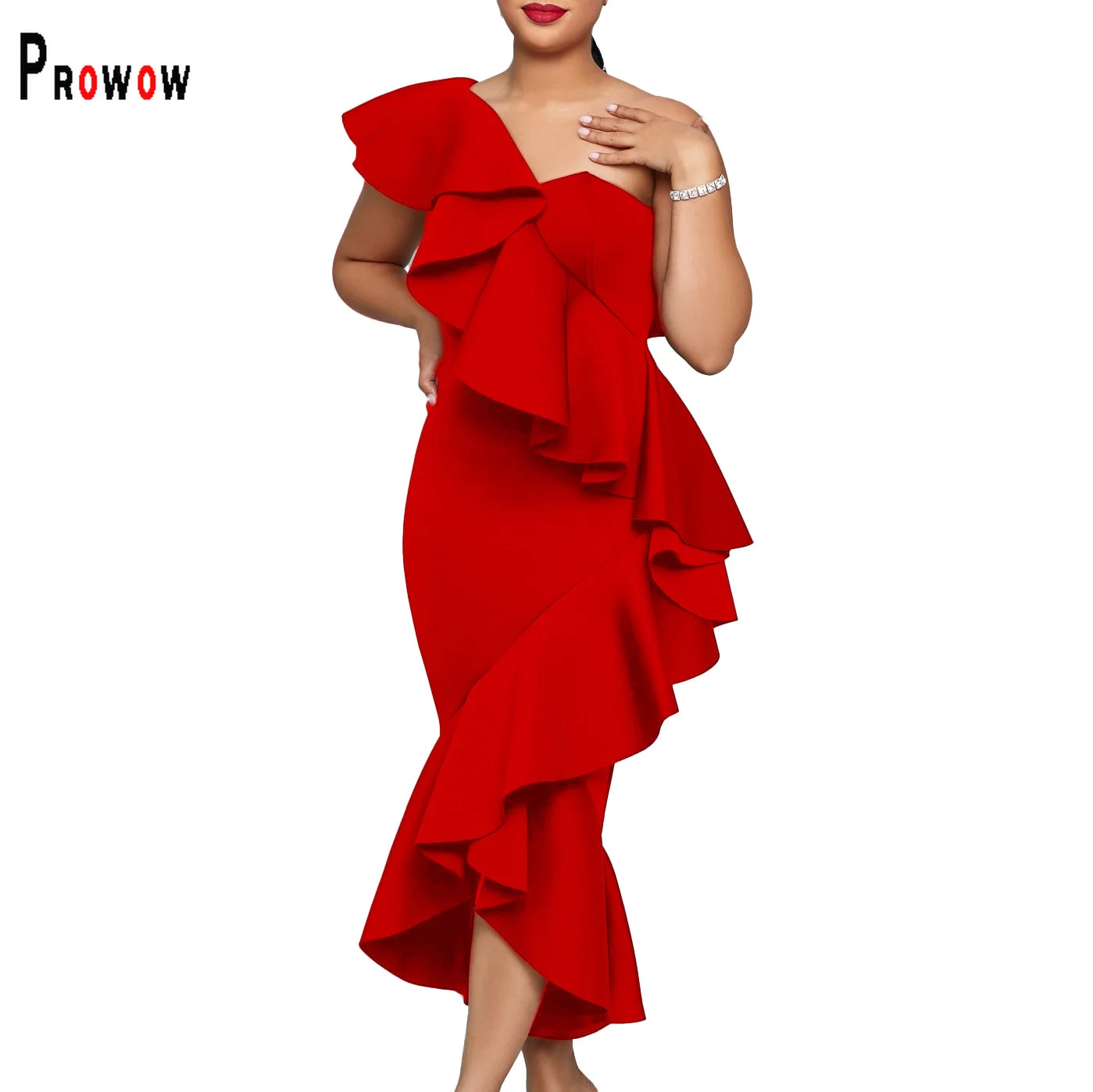 

Prowow Sexy Women's Dress Solid Color Ruffle Elegant Female Birthday Evening Party Wear 2024 New Design Slim Fit Clothing