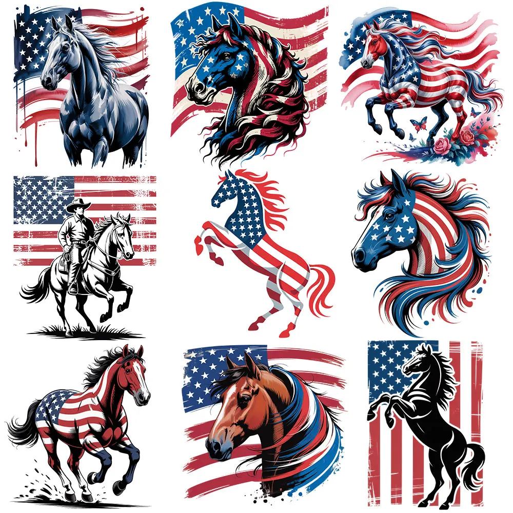 USA Flag Horse Embroidery Patch Iron On Patriotic Clothing Heat Transfer Washable T Shirt Heat Painting Iron On Transfer