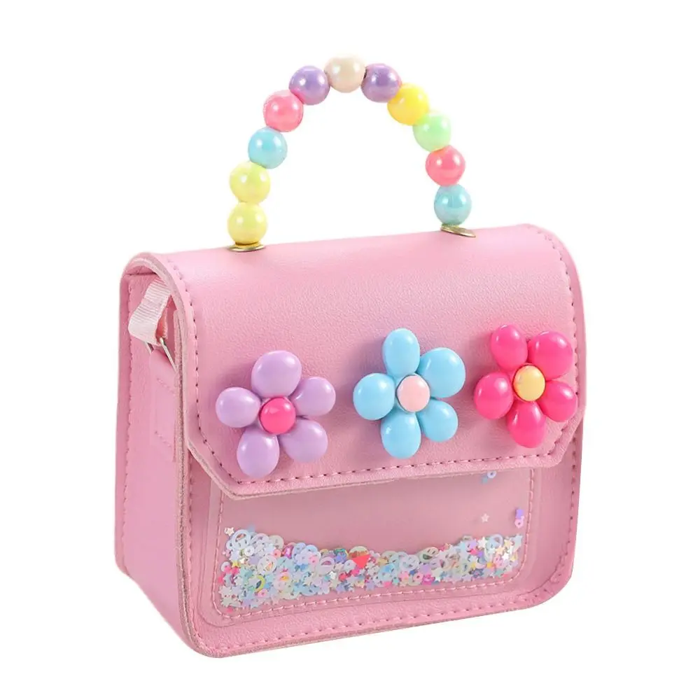 Flores bonitos bolsas das crianças saco do mensageiro doce meninas pérola brilhante crianças bolsa de ombro dos desenhos animados couro do plutônio crossbody sacos