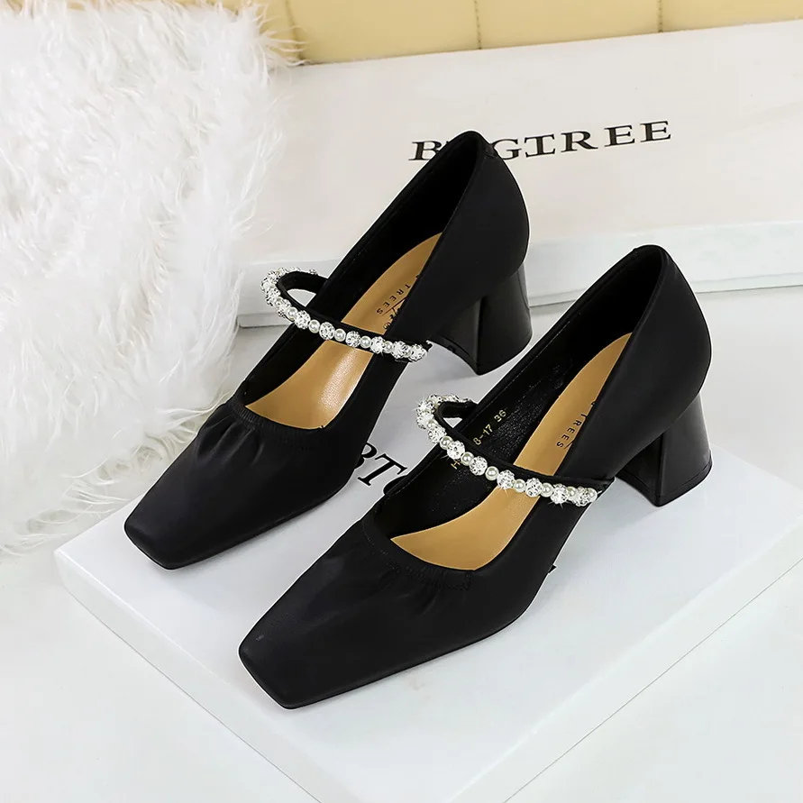 Korean Version Thick And Medium Heeled Women's Shoes With Shallow Mouth Square Toe Pearl Rhinestone Straight Strap Women Pumps image 3